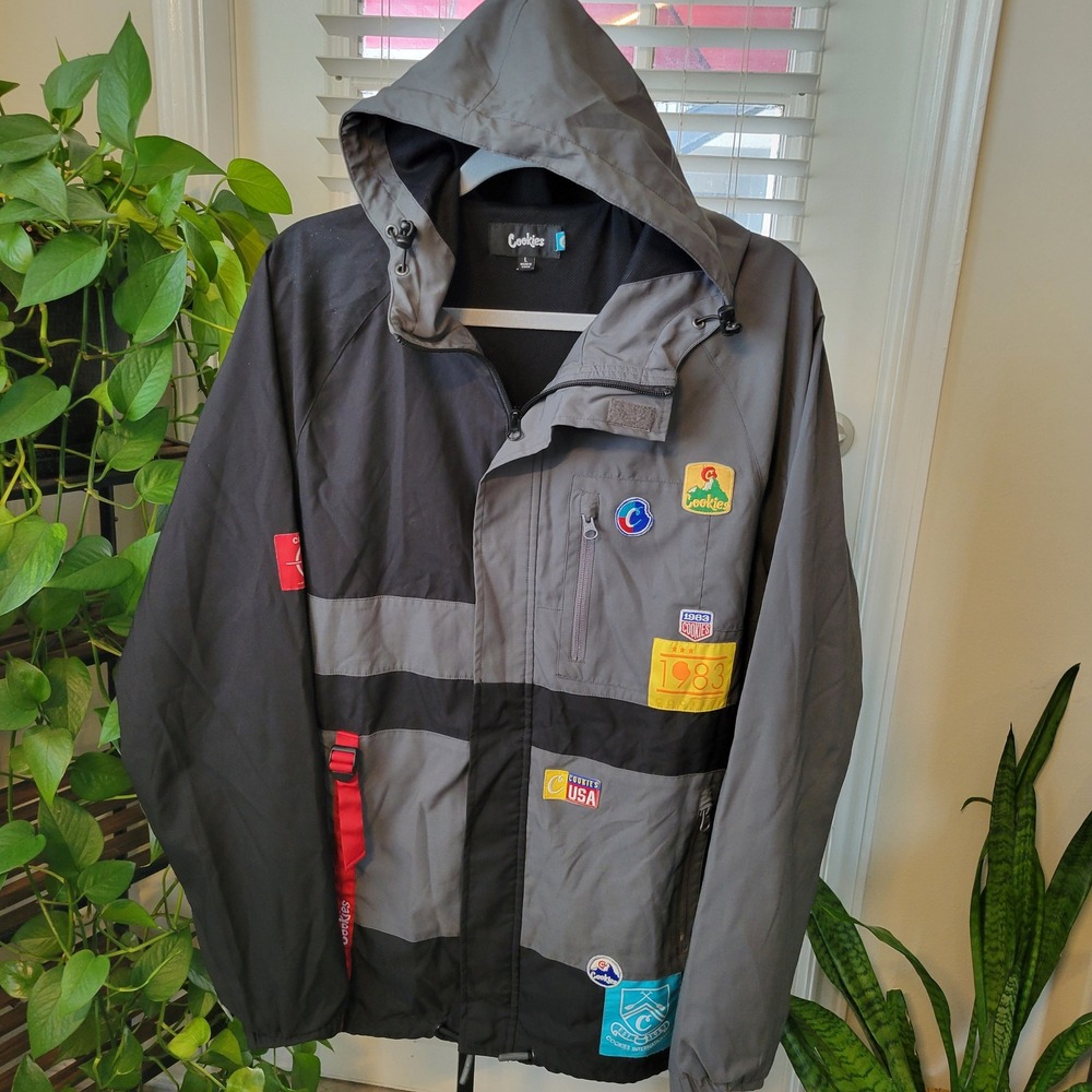 Cookies SF Mens Hooded Windbreaker Jacket Grey Black Multi Patch Streetwear L